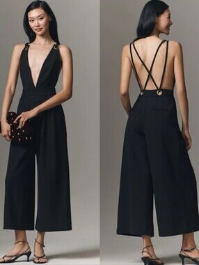 New Anthropologie Maeve Deep V Strappy Grommet Open Back Wide Leg Crop Jumpsuit